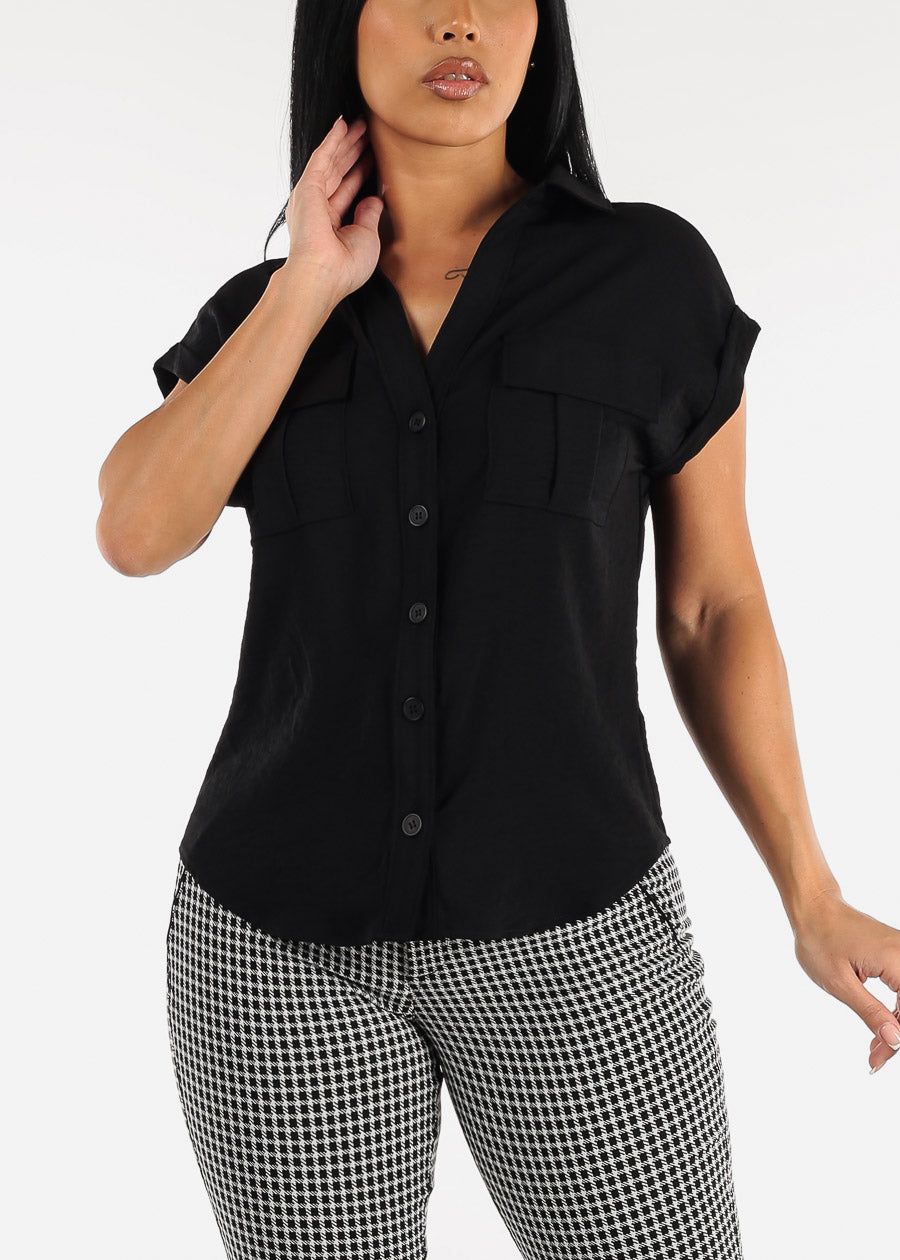 Black Cap Sleeve Button Down Shirt sold by Moda