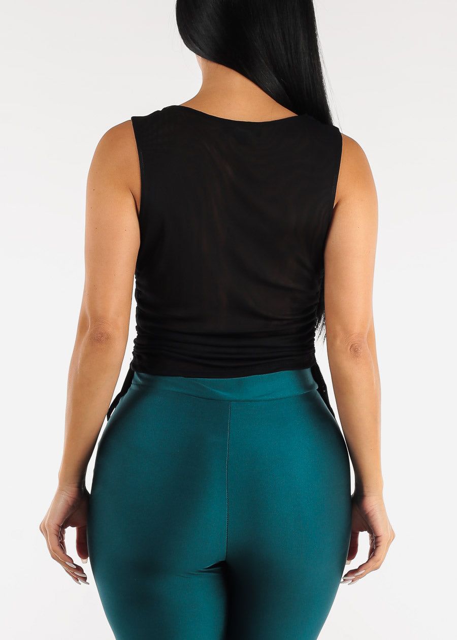 Black Sleeveless Double Layer Ruched Mesh Top sold by Moda product image thumbnail 4