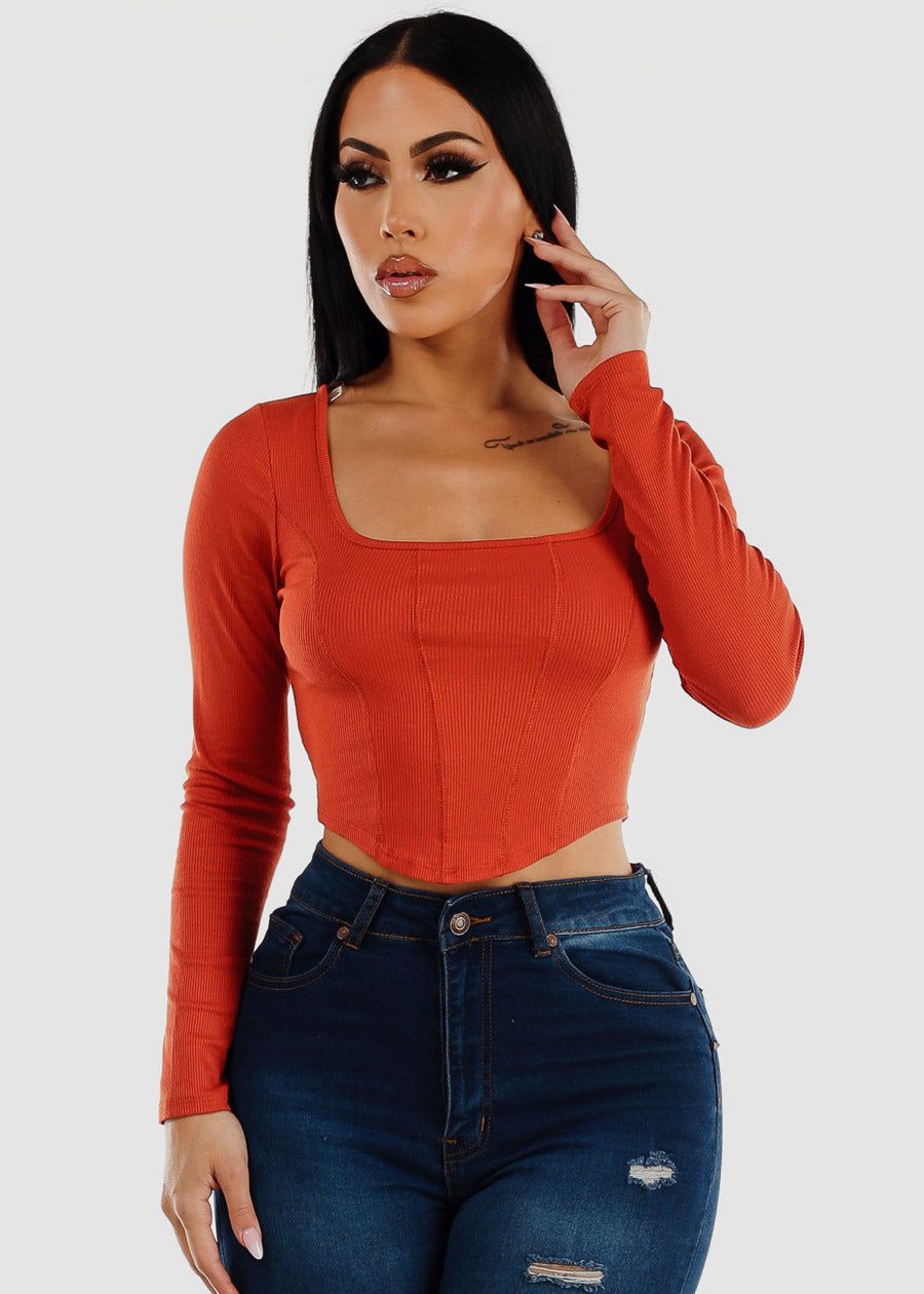 Square Neck Long Sleeve Crop Top Dark Orange sold by Moda