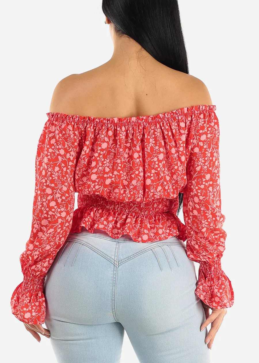 Off Shoulder Smocked Waist Floral Top Red sold by Moda product image thumbnail 4