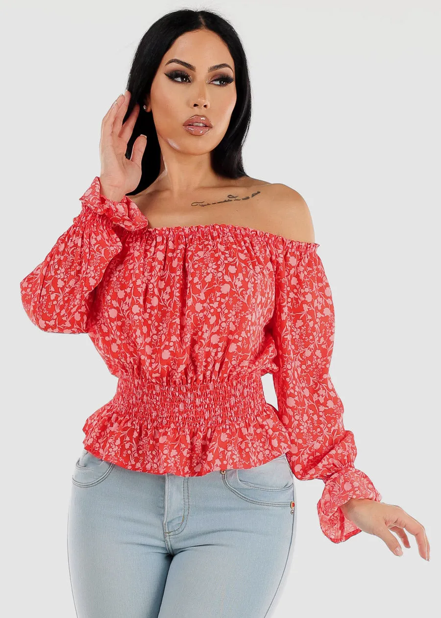 Off Shoulder Smocked Waist Floral Top Red sold by Moda