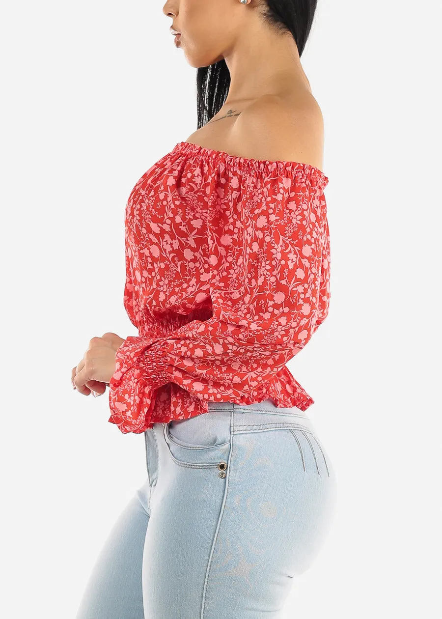 Off Shoulder Smocked Waist Floral Top Red sold by Moda product image thumbnail 3