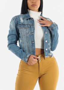Distressed Long Sleeve Denim Jacket sold by Moda