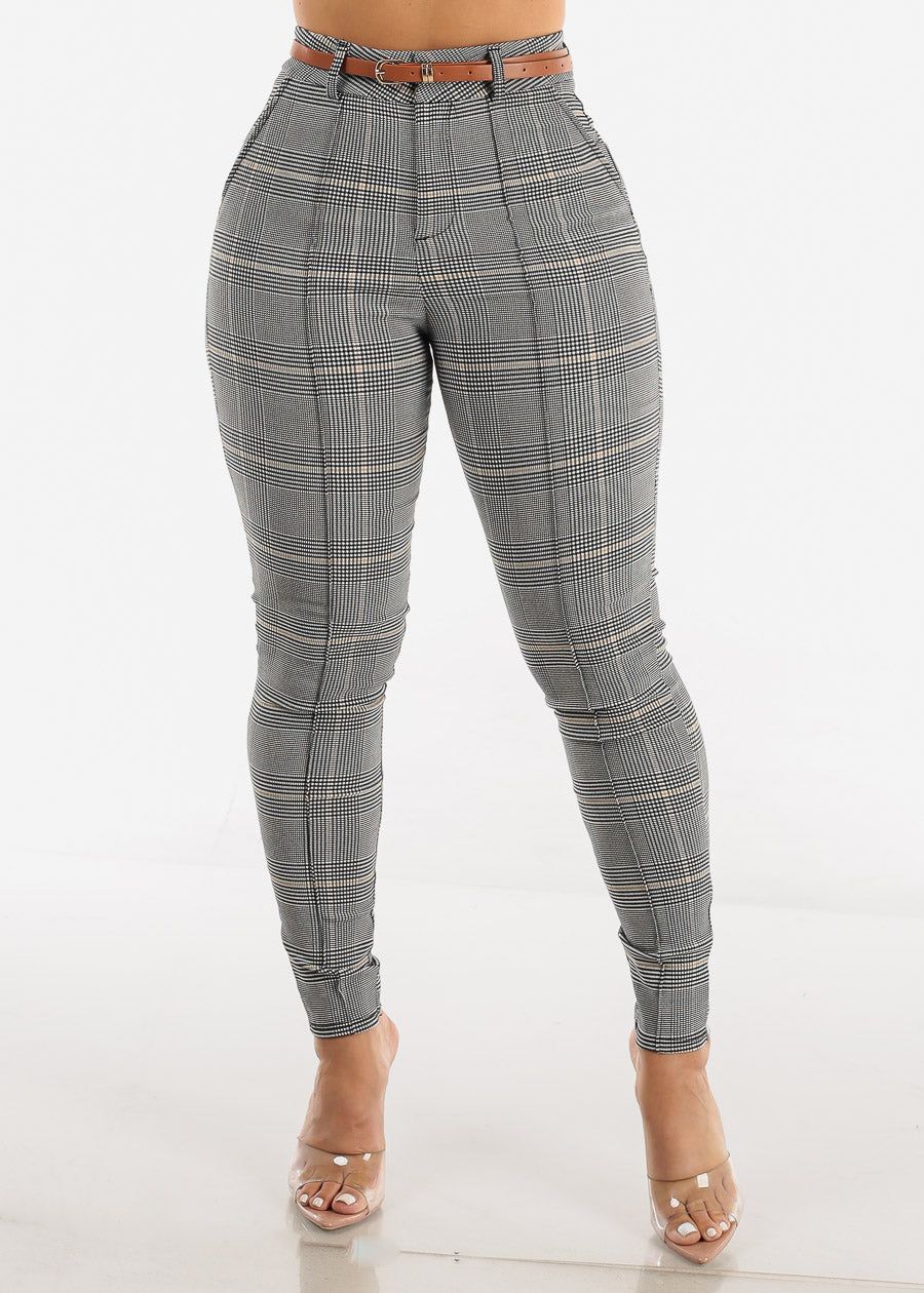 High Waisted Checkered Belted Skinny Pants sold by Moda
