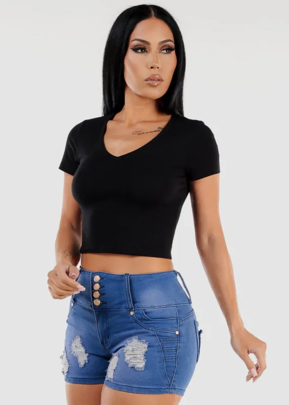 Short Sleeve Black Vneck Crop Top sold by Moda