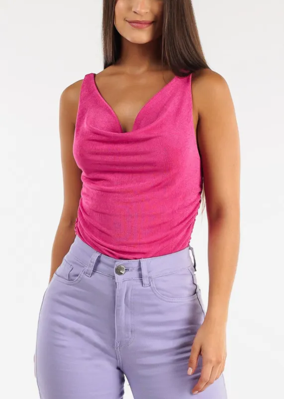 Sleeveless Ruched Sides Cowl Neck Top Fuschia sold by Moda
