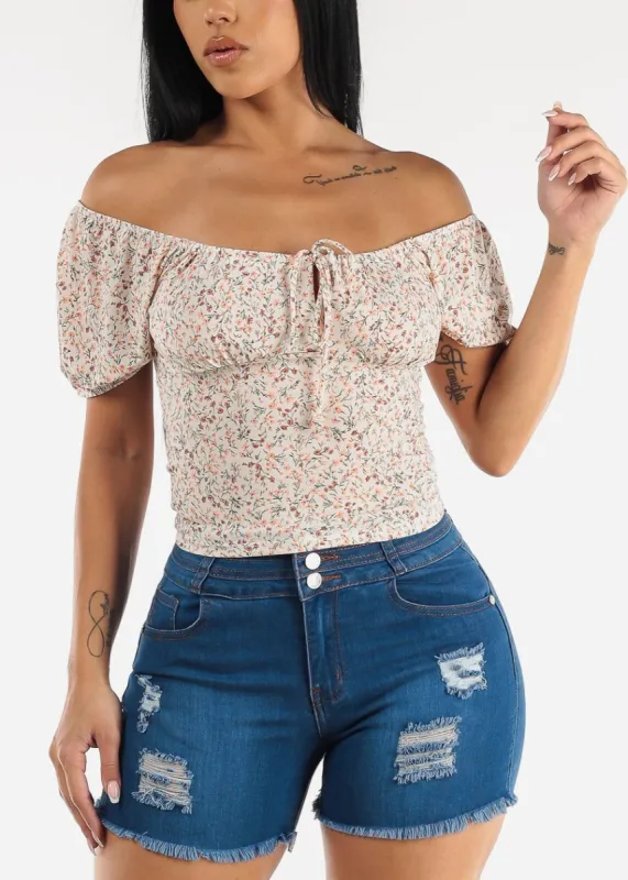 Short Puff Sleeve Off Shoulder Floral Crop Top White sold by Moda