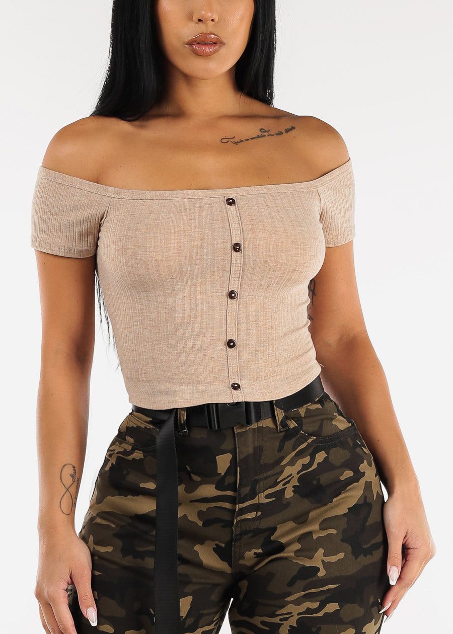 Off Shoulder Mocha Crop Top w Buttons sold by Moda