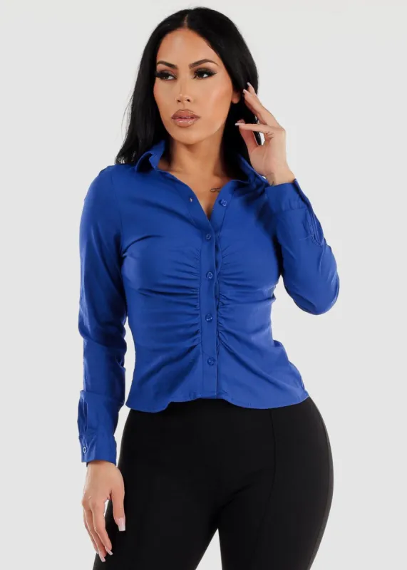 Button Up Ruched Collared Stretchy Shirt Royal Blue sold by Moda