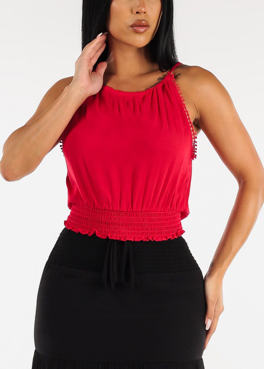 Red Smocked Hem Halter Strap Neck Crop Top sold by Moda