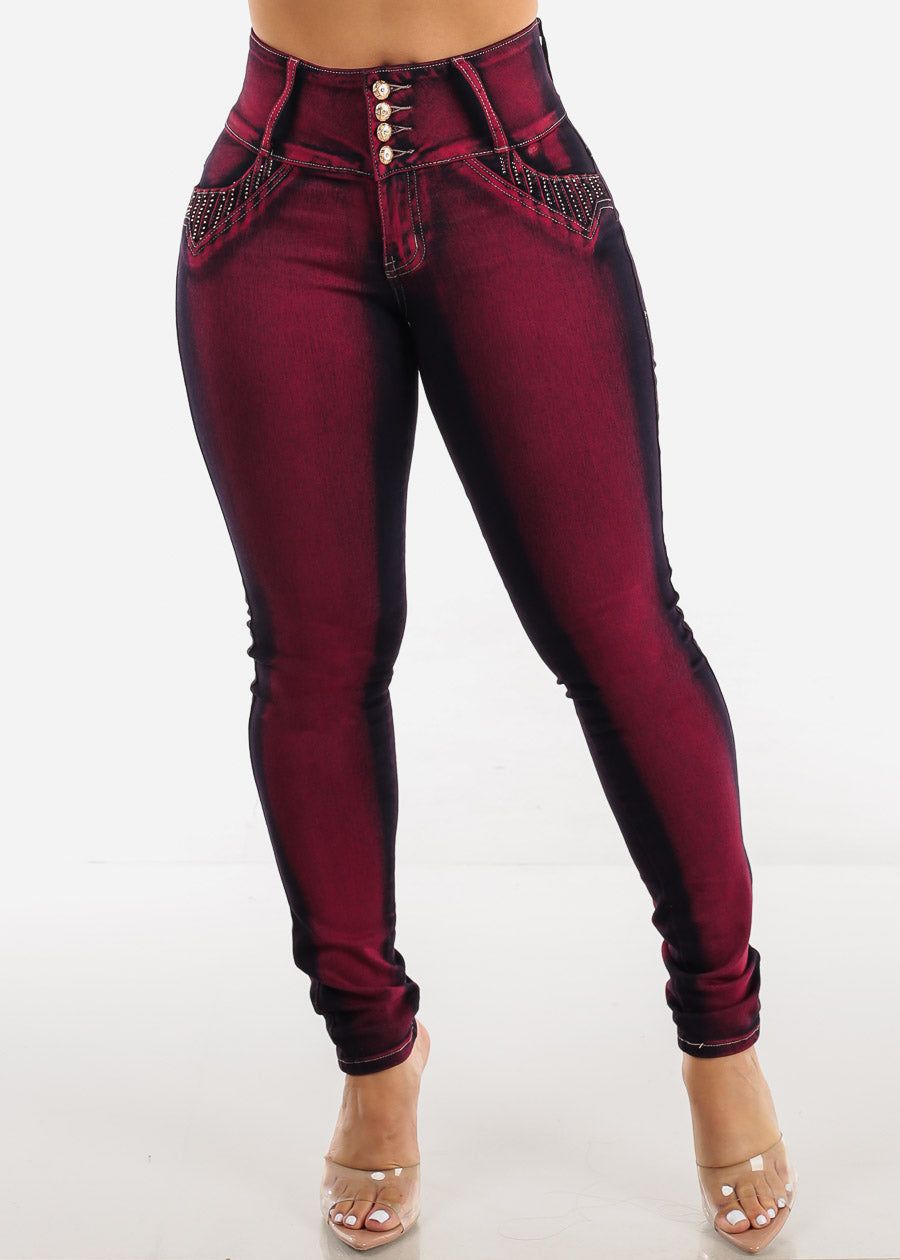 MX JEANS Levantacola Mid Rise Burgundy Skinny Jeans sold by Moda product image thumbnail 5