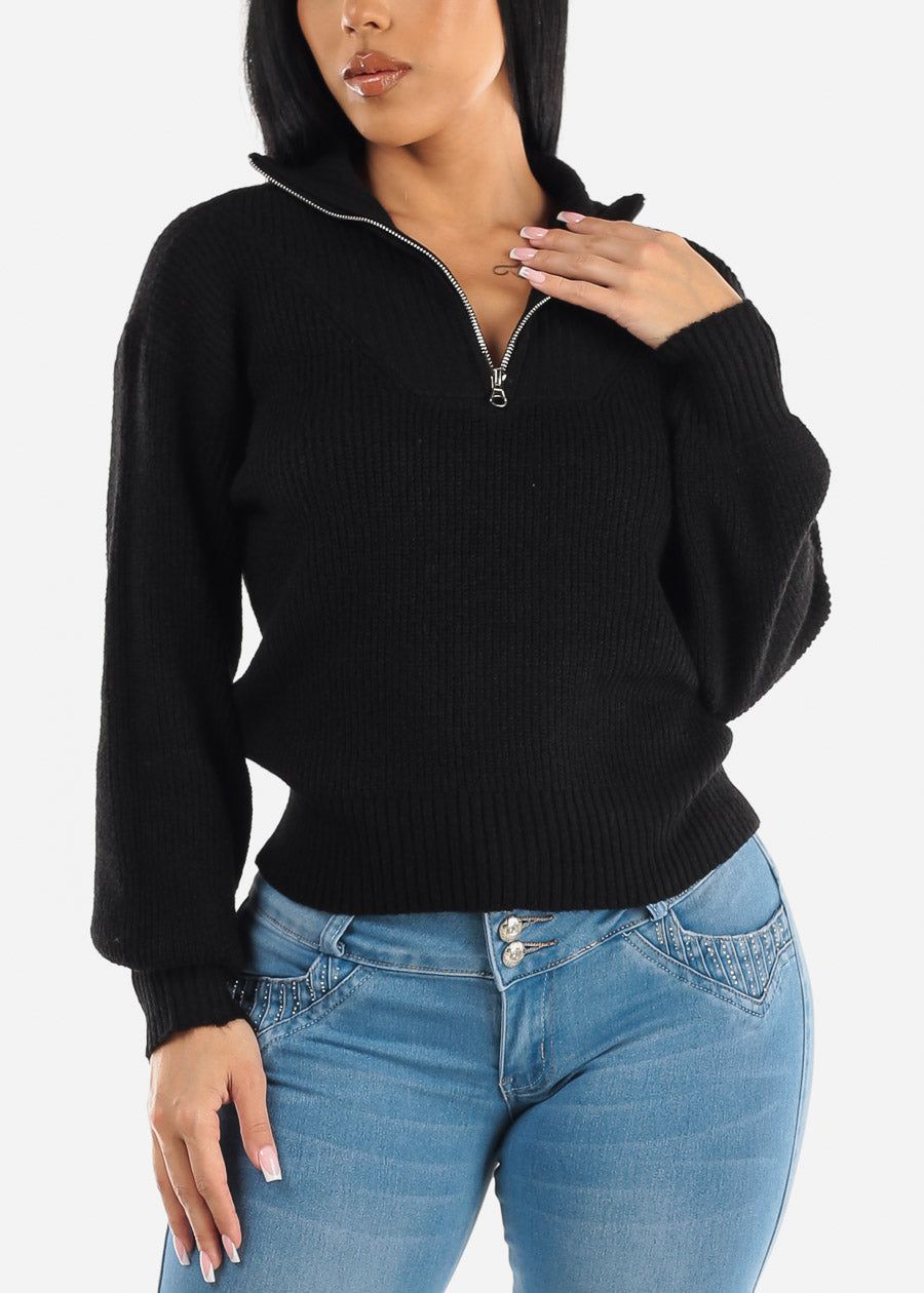 Black Mock Neck Half Zip Up Pullover Mossy Sweater sold by Moda