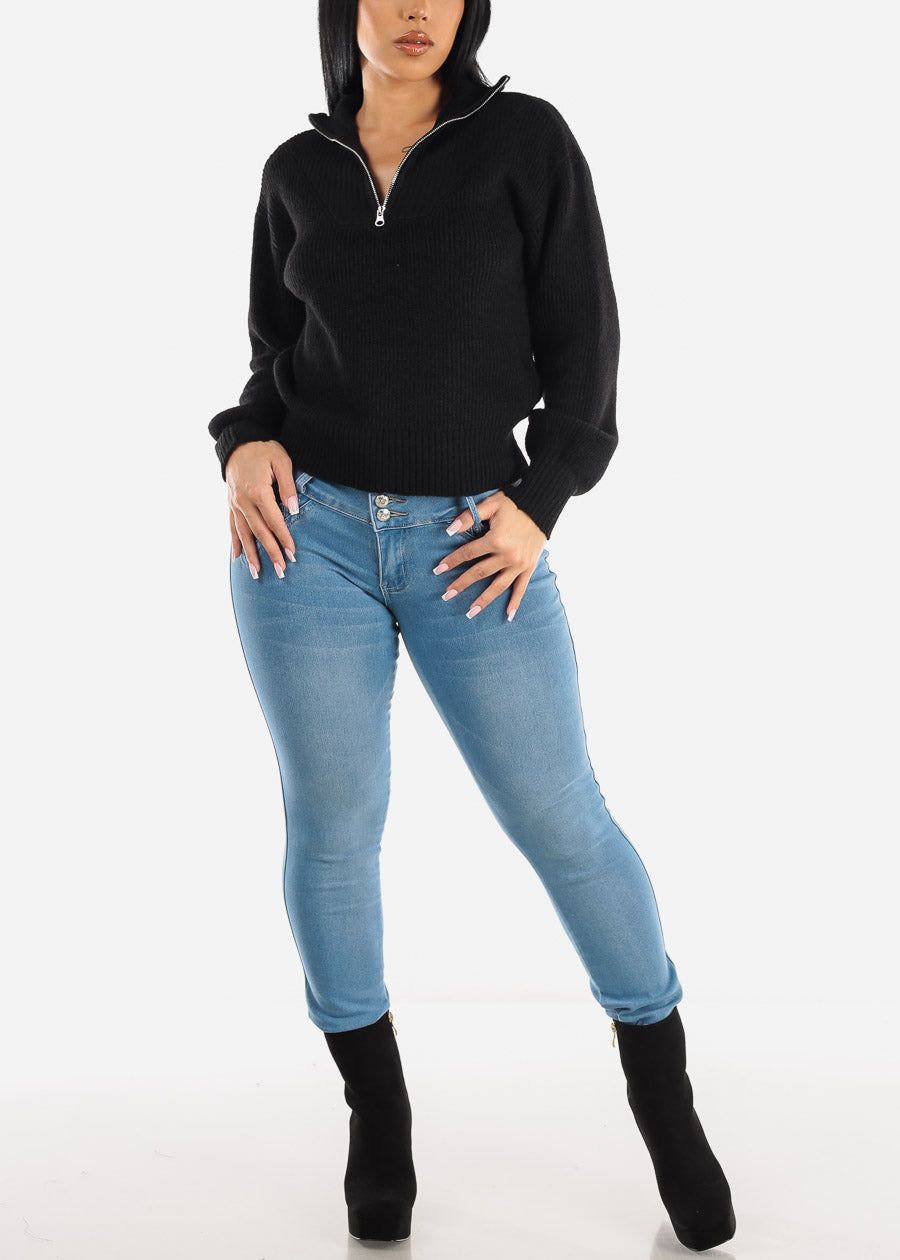 Black Mock Neck Half Zip Up Pullover Mossy Sweater sold by Moda product image thumbnail 2