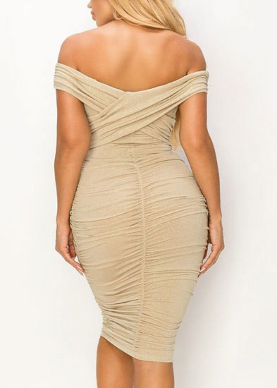 Sexy Shiny Gold Off Shoulder Ruched Stretchy Midi Dress sold by Moda product image thumbnail 3