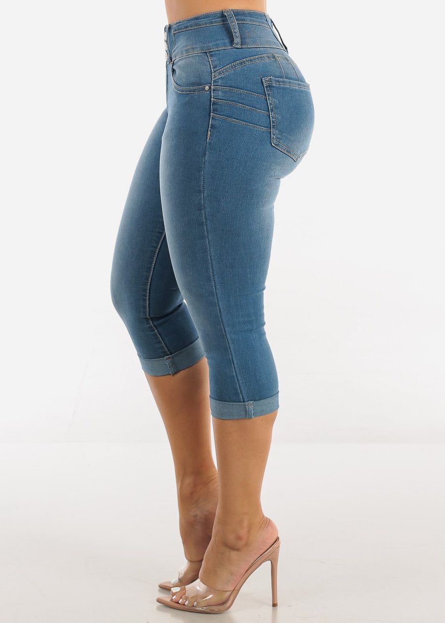 Mid Rise Butt Lifting Cuffed Denim Capris Med Blue sold by Moda product image thumbnail 4