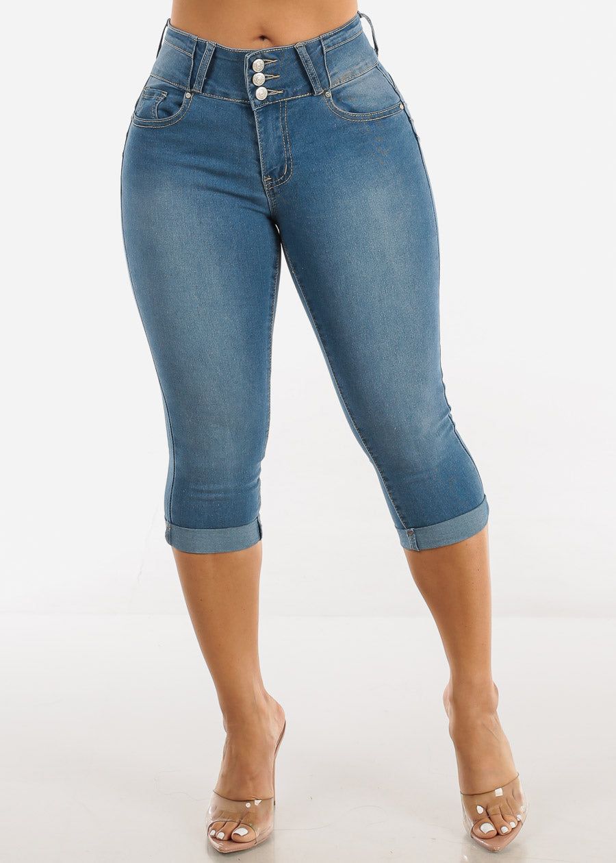 Mid Rise Butt Lifting Cuffed Denim Capris Med Blue sold by Moda product image thumbnail 3