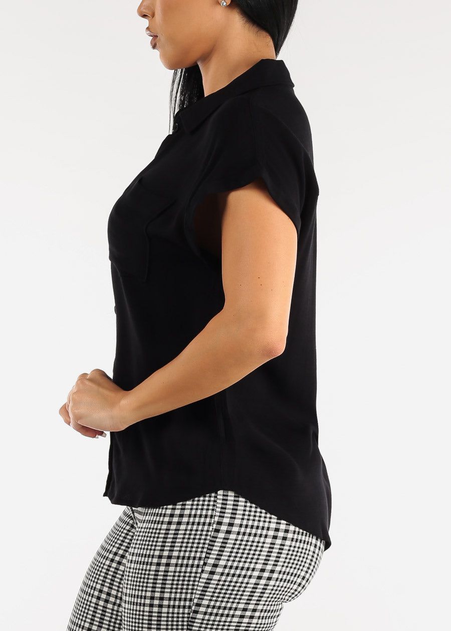 Black Cap Sleeve Button Down Woven Shirt sold by Moda product image thumbnail 3