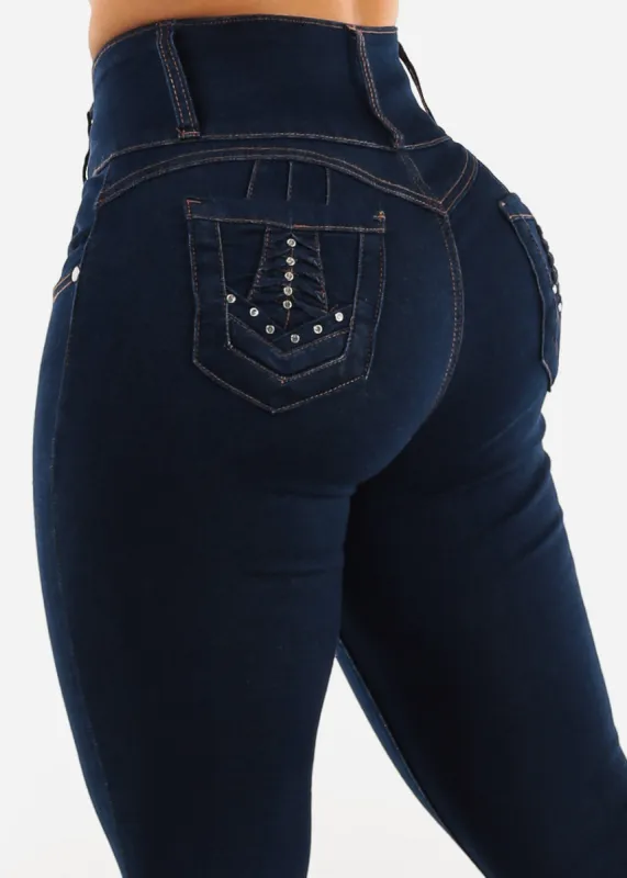 Dark Wash High Waist Butt Lifting Skinny Jeans w Pocket Design sold by Moda