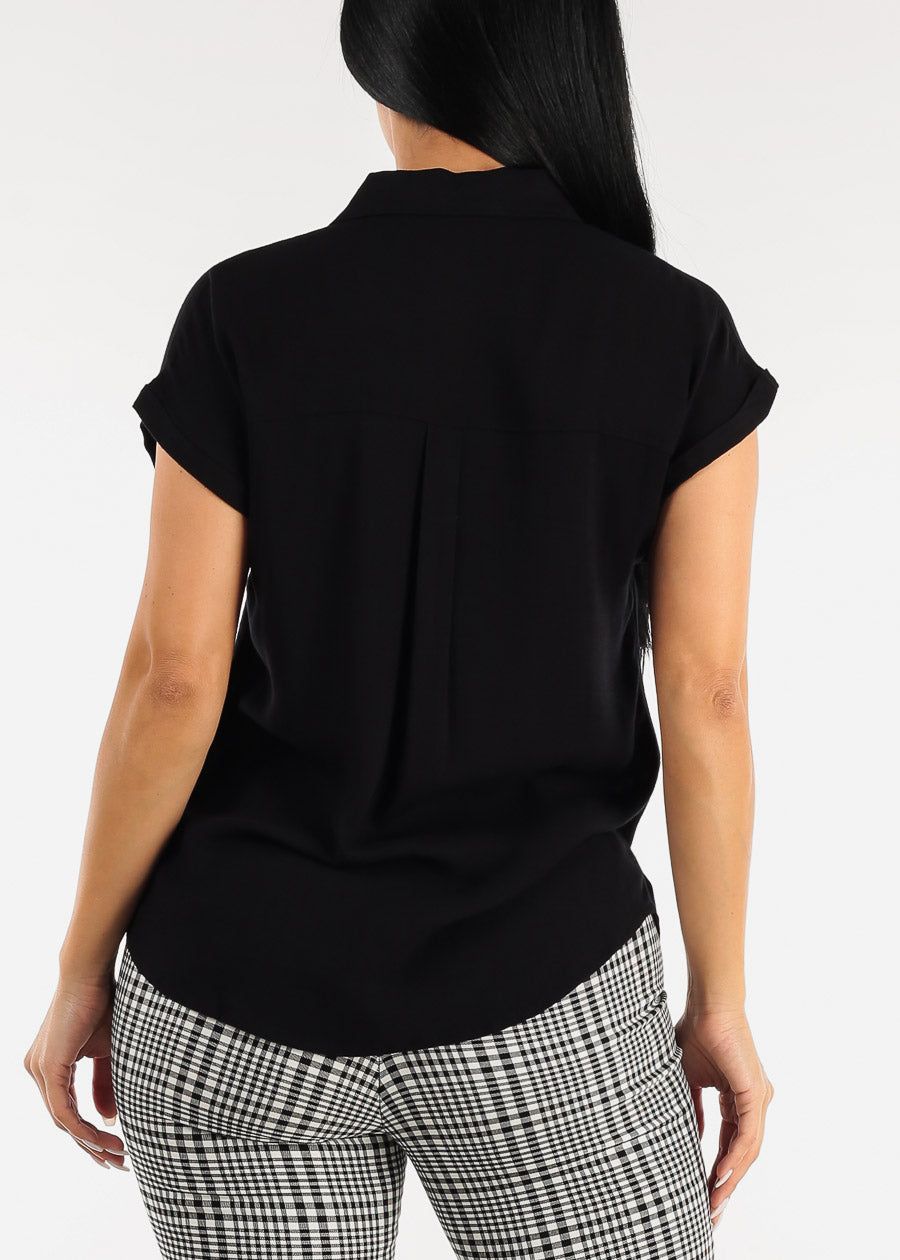 Black Cap Sleeve Button Down Woven Shirt sold by Moda product image thumbnail 4