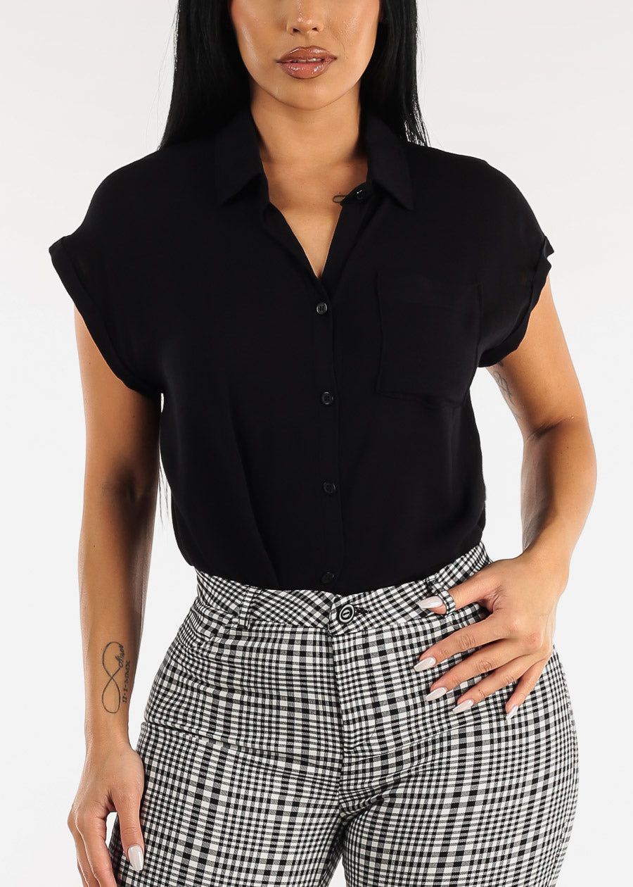 Black Cap Sleeve Button Down Woven Shirt sold by Moda