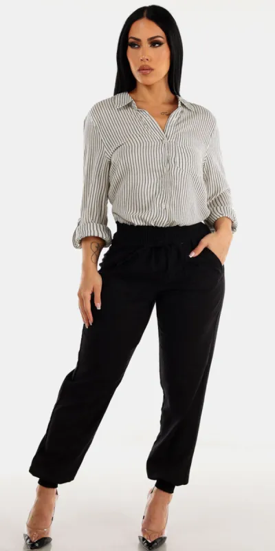 Stripe Black Linen Jogger Set sold by Moda