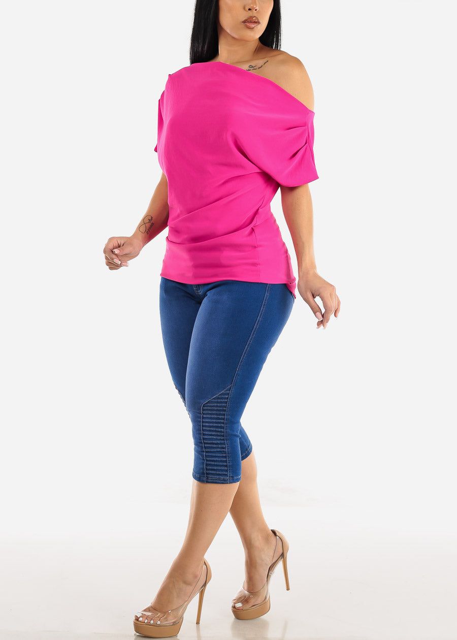 Asymmetrical Neckline Pleated Top Fuchsia sold by Moda product image thumbnail 2