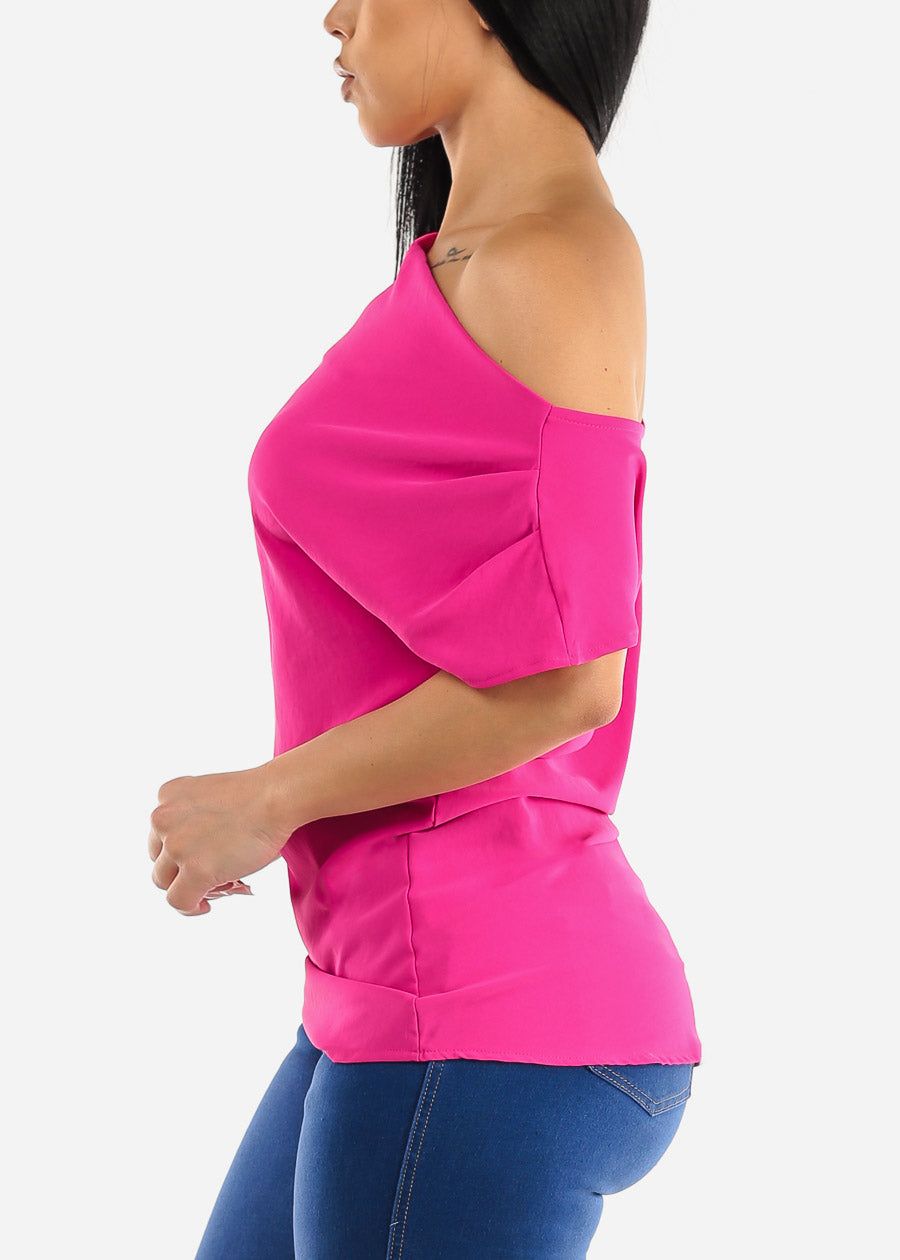 Asymmetrical Neckline Pleated Top Fuchsia sold by Moda product image thumbnail 3