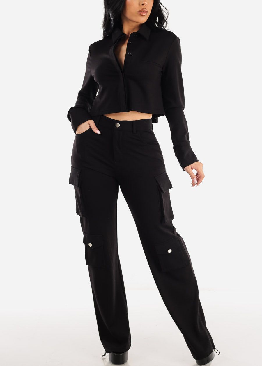 High Waist Black Wide Leg Cargo Pants sold by Moda product image thumbnail 2
