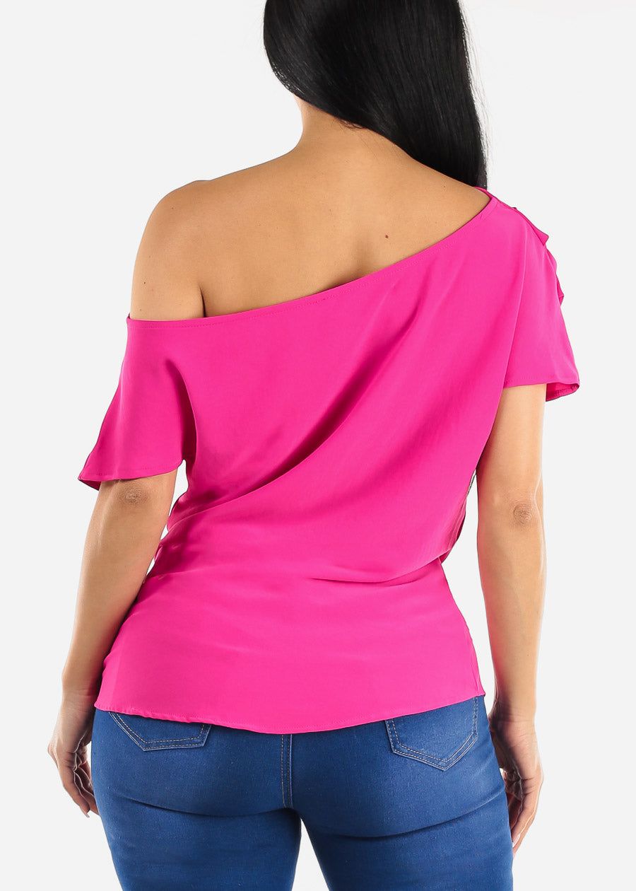 Asymmetrical Neckline Pleated Top Fuchsia sold by Moda product image thumbnail 4
