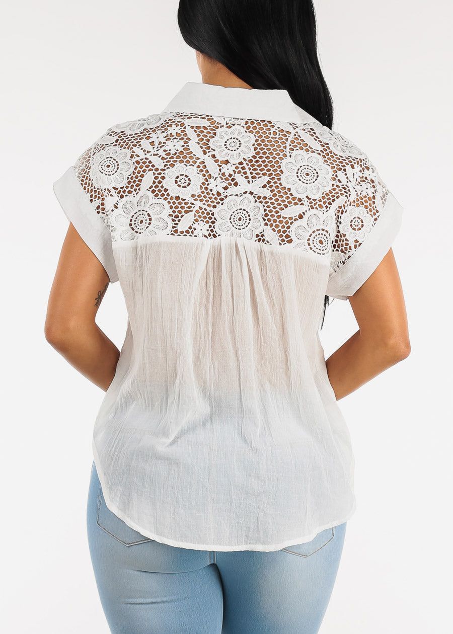 White Short Sleeve Button Up Shirt w Crochet Trim sold by Moda product image thumbnail 4