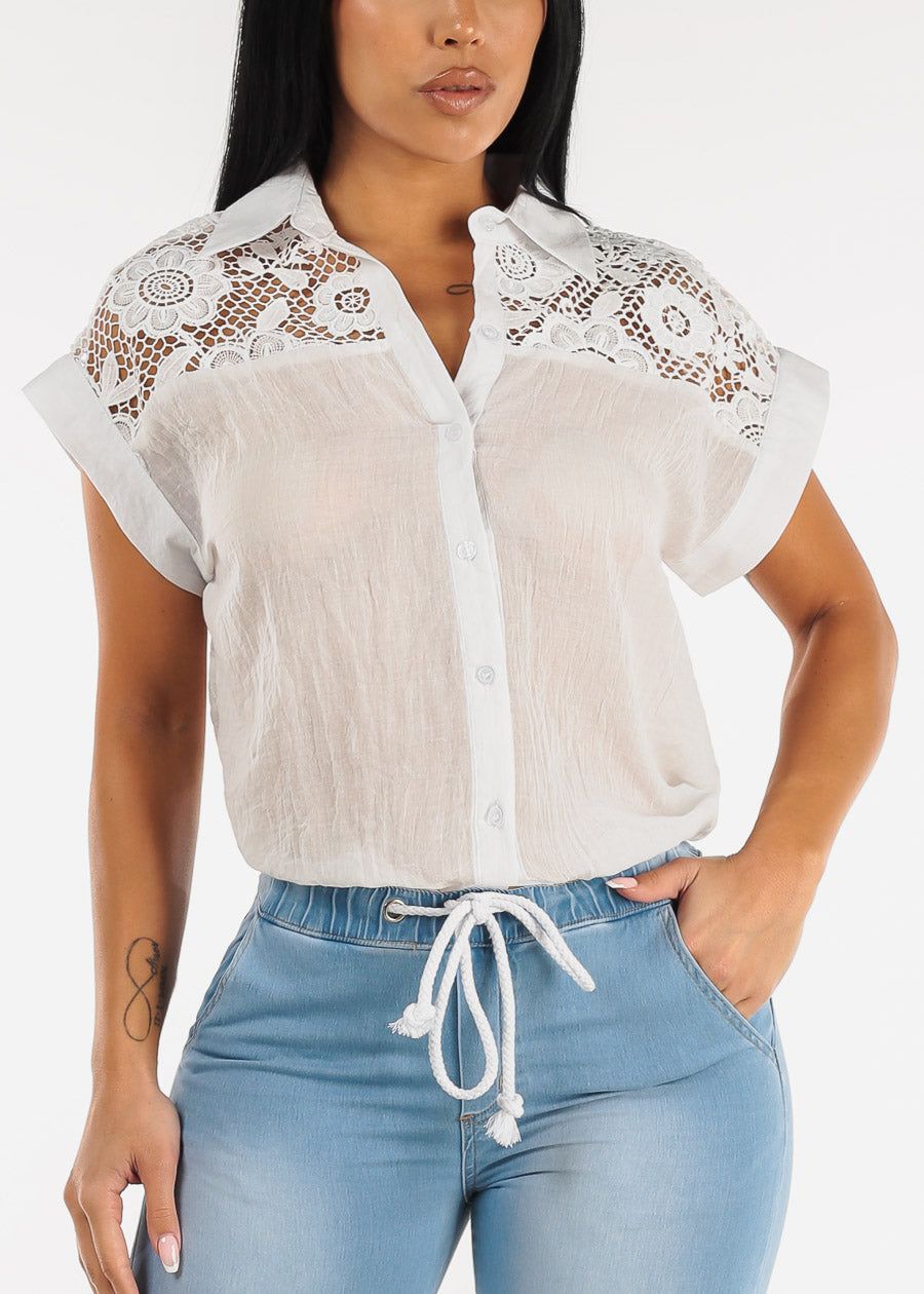 White Short Sleeve Button Up Shirt w Crochet Trim sold by Moda