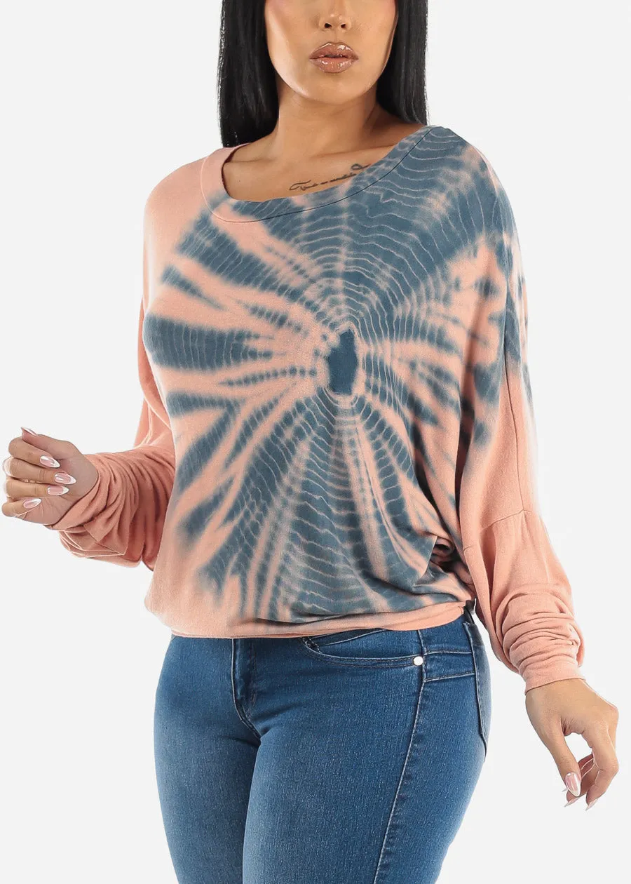Tie Dye Long Sleeve Dolman Tunic Top Peach sold by Moda