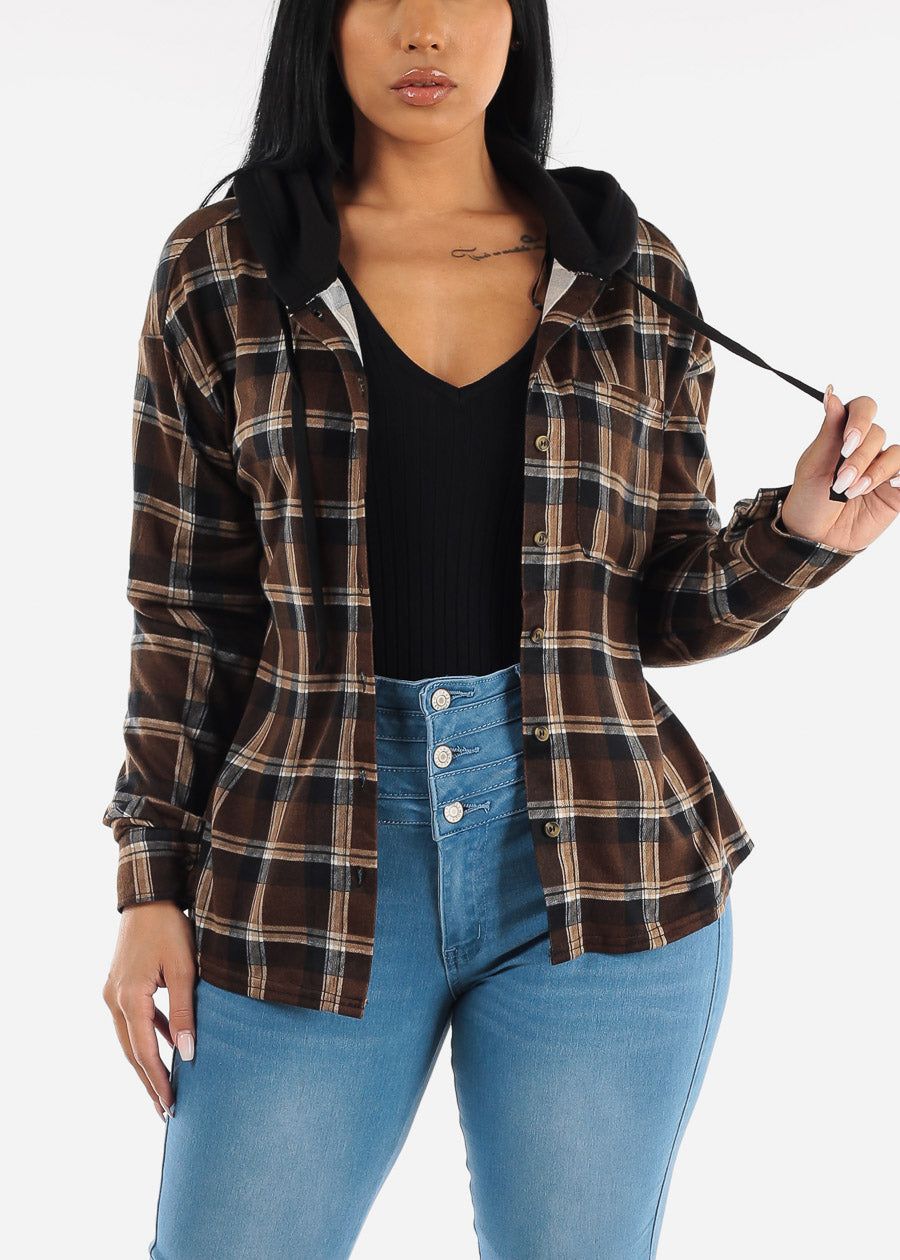 Long Sleeve Flannel Hoodie Shacket sold by Moda