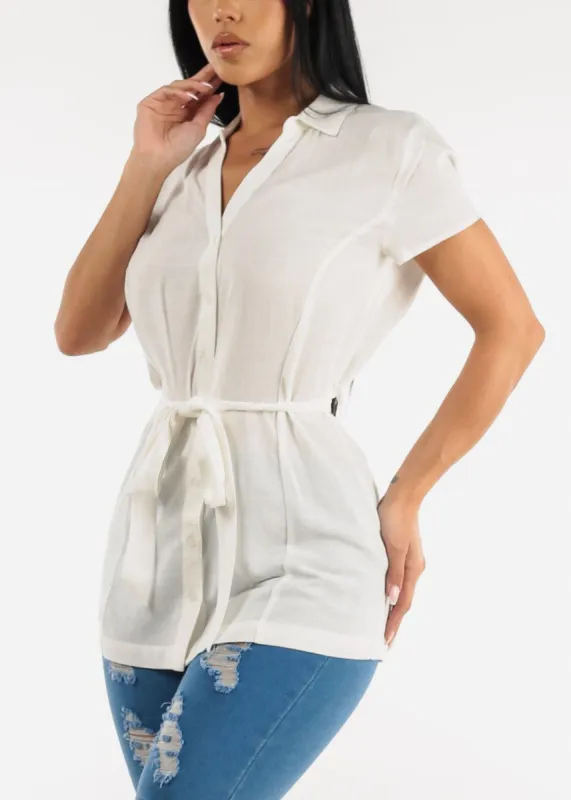White Short Sleeve Button Down Belted Tunic Blouse sold by Moda