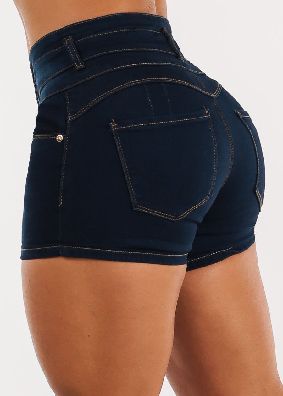 High Waisted Butt Lifting 3 Button Dark Denim Shorts sold by Moda