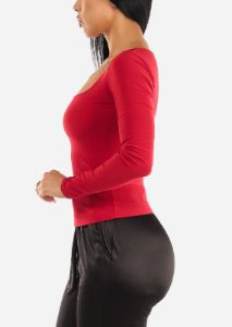 Red Long Sleeve Square Neck Fitted Top sold by Moda
