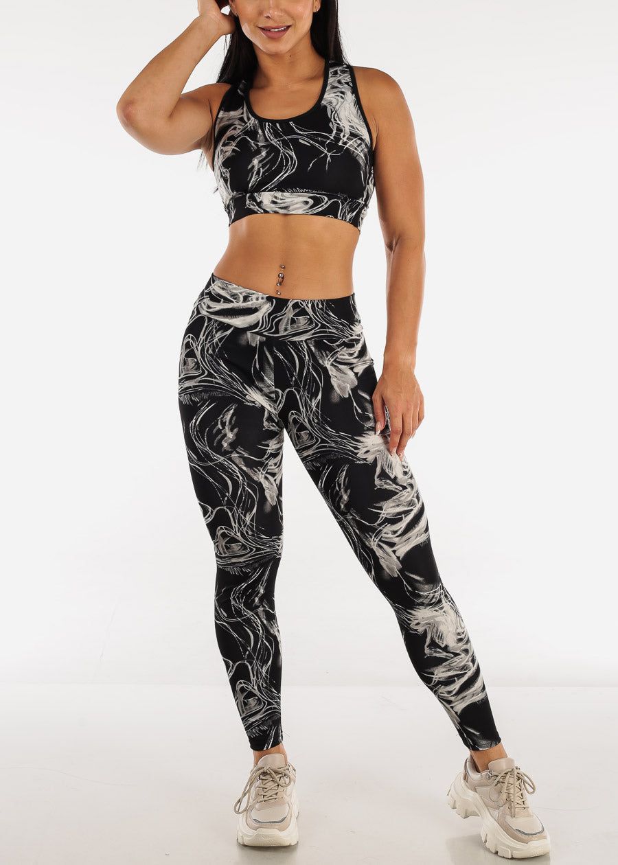 High Waist Printed Leggings with Matching Sports Bra Black (2 PCE SET) sold by Moda
