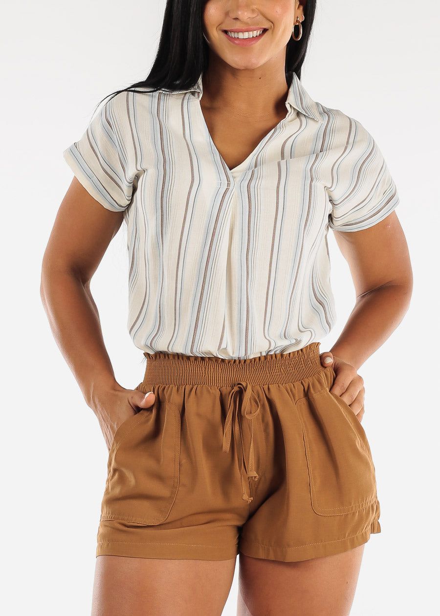 Short Sleeve Stripe Collared Top w Back Button Detail sold by Moda