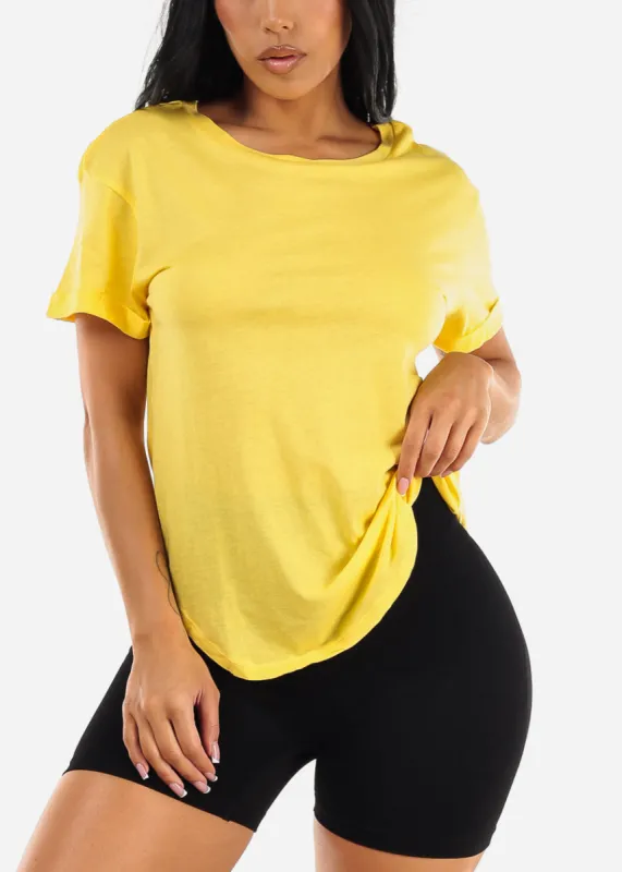 Cuffed Short Sleeve Round Hem Oversized Top Yellow sold by Moda