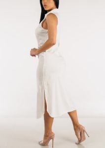 White Sleeveless Ruched Front Collared Midi Dress sold by Moda