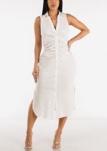 White Sleeveless Ruched Front Collared Midi Dress sold by Moda