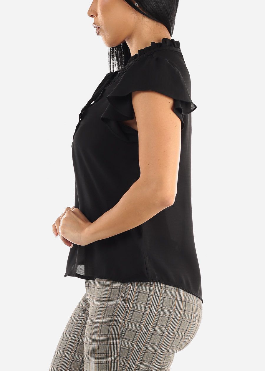 Black Short Sleeve Lace Trim Neck Tie Top sold by Moda product image thumbnail 3