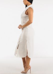 White Sleeveless Ruched Front Collared Midi Dress sold by Moda