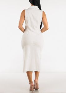 White Sleeveless Ruched Front Collared Midi Dress sold by Moda