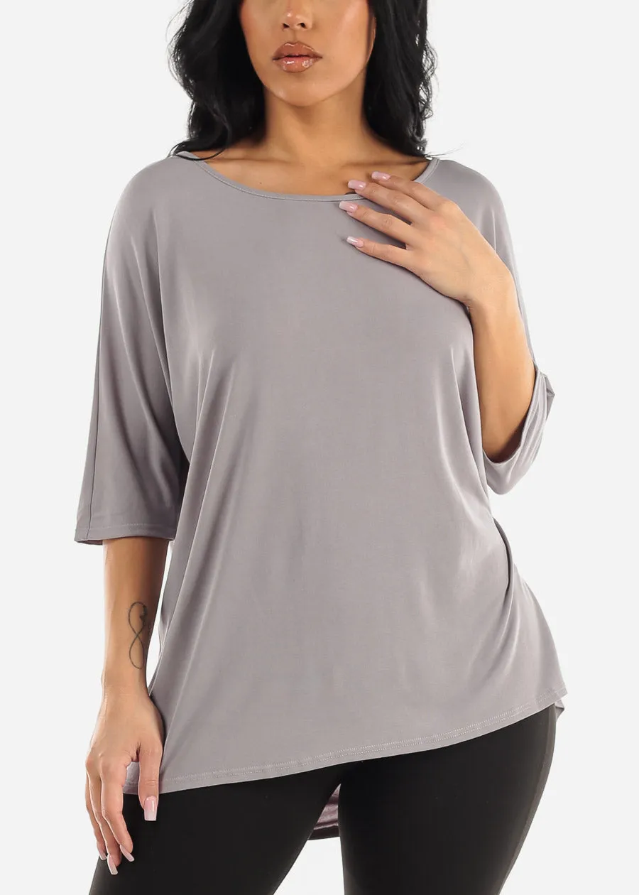 Casual Short Dolman Sleeve Tunic Top Grey w Back Ruched Detail sold by Moda