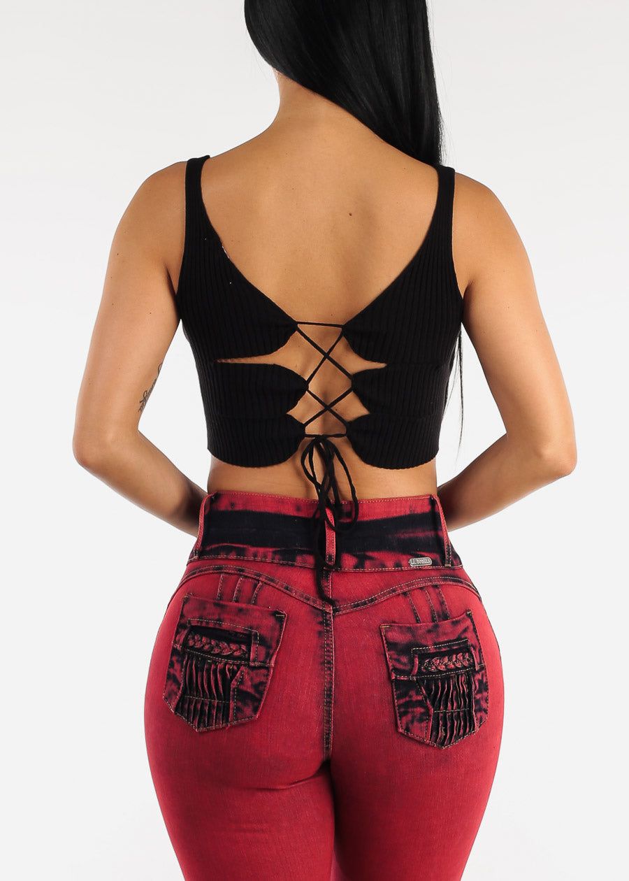 Black Open Back Knit Stretchy Crop Top sold by Moda product image thumbnail 5