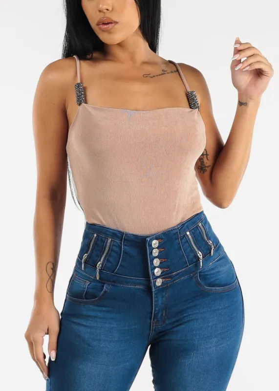 Slinky Stretchy Cami Top with Rhinestone Detail Taupe sold by Moda