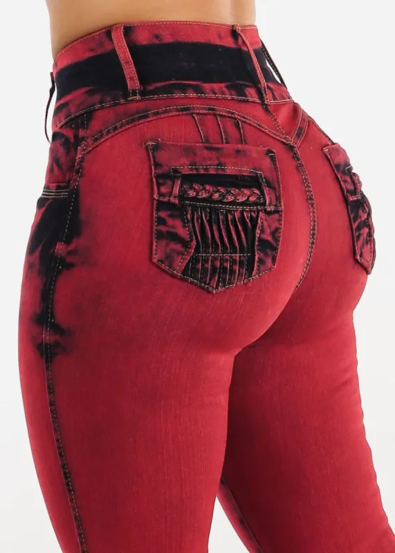 Red Acid Wash Butt Lifting High Waist Skinny Jeans sold by Moda