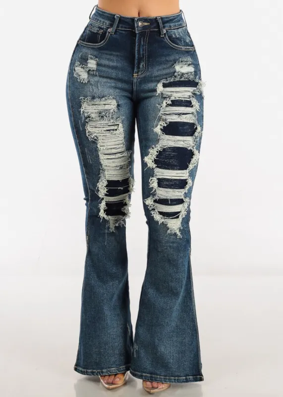 High Waisted Distressed Flared Jeans Dark Blue sold by Moda
