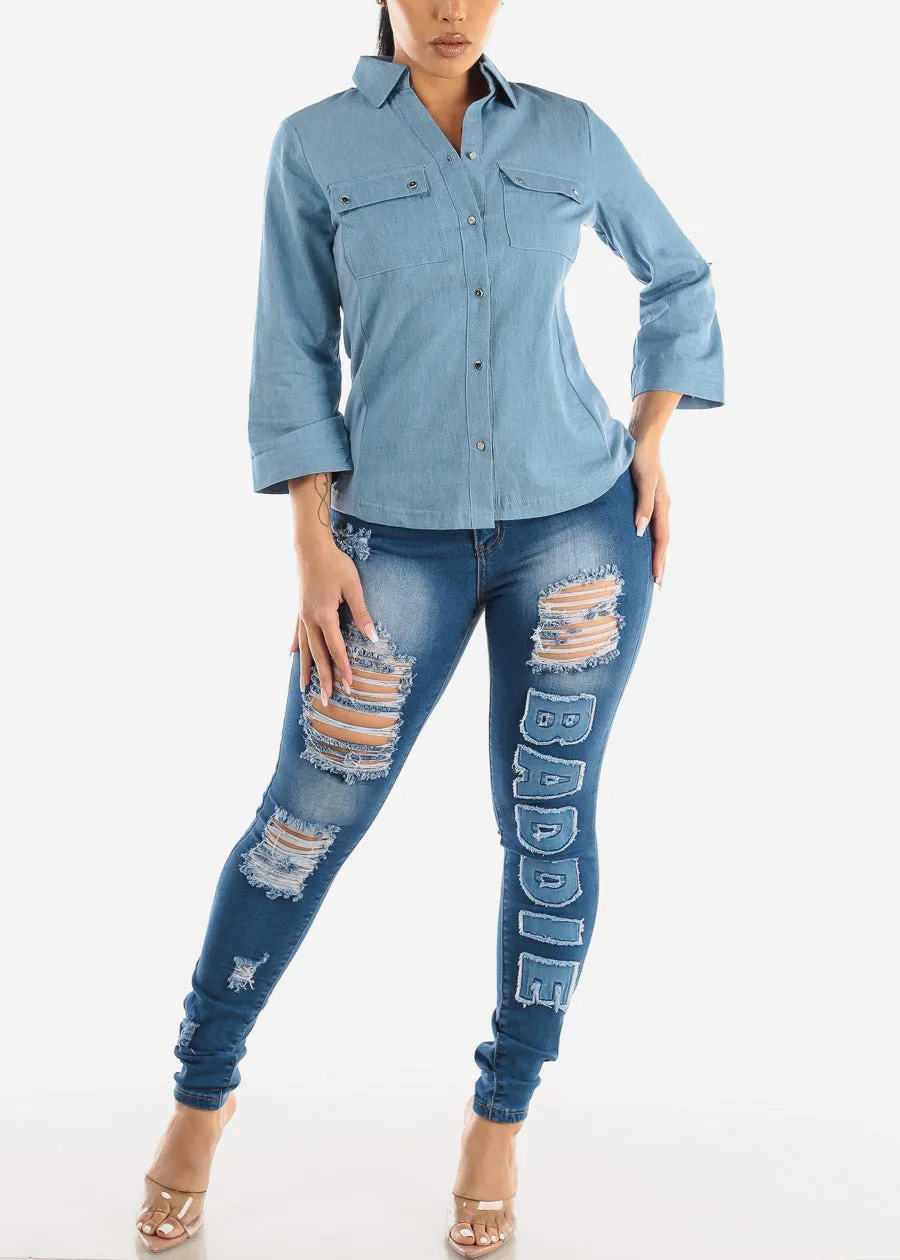 Quarter Sleeve Button Up Denim Collared Blouse Light Blue sold by Moda